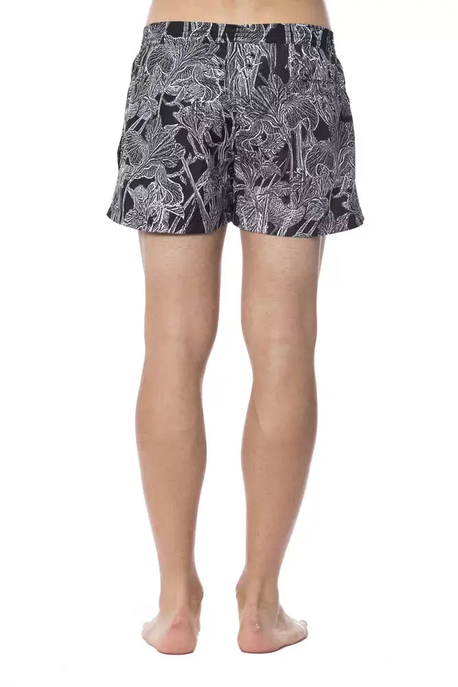 Maillot de bain homme roberto cavalli sport noir en polyester avec motif botanique noir et blanc détaillé