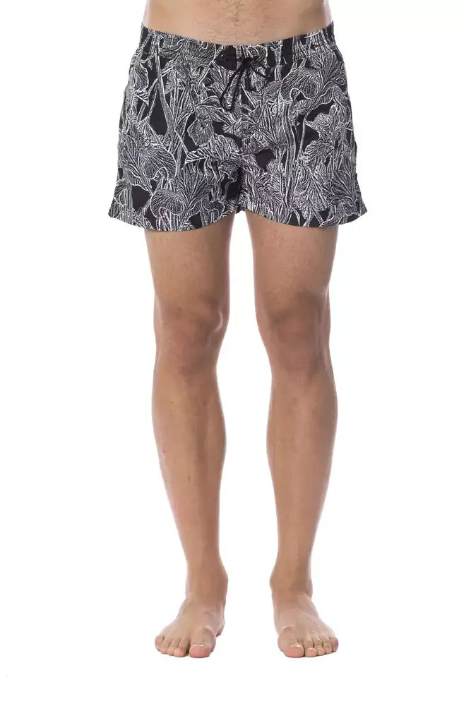 Maillot de bain homme roberto cavalli sport noir en polyester avec motif noir et blanc et taille à cordon