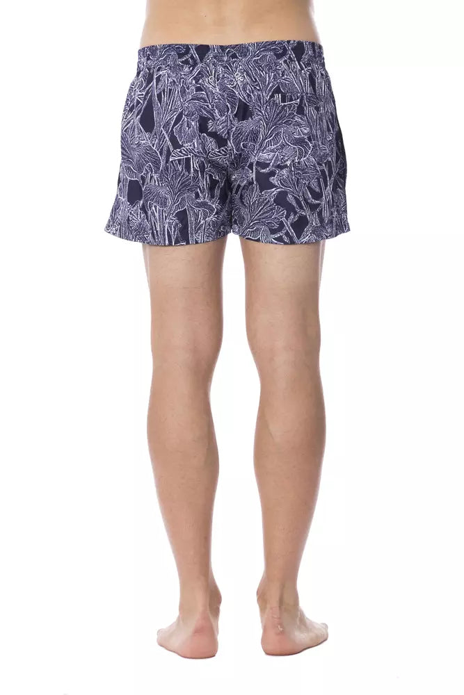 Maillot de bain homme Roberto Cavalli Sport bleu en polyester, design sportif et élégant, visible en détail.