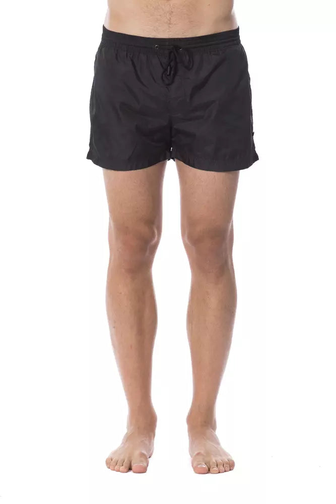 Short de bain homme Roberto Cavalli Sport en polyester noir avec logo, aspect élégant et sportif, vue de face.