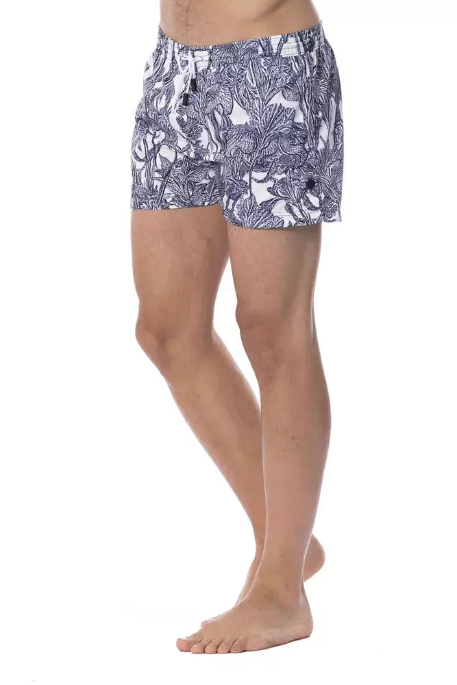 Maillot de bain homme roberto cavalli sport en polyester bleu clair à motifs bleus et blancs avec taille élastique et cordon