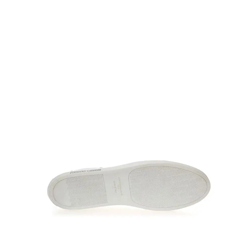 Semelle en caoutchouc blanc avec motifs texturés discrets de basket basse en cuir blanc roberto cavalli