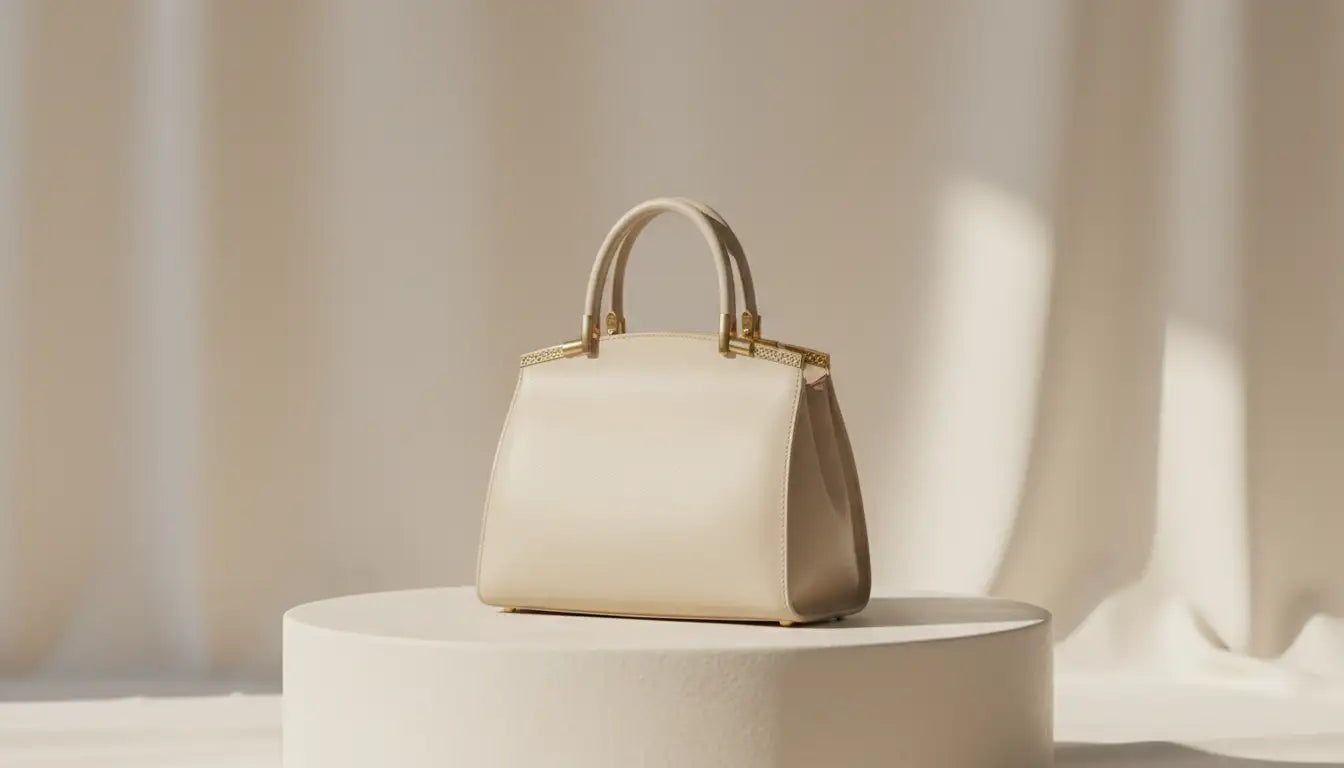 Sac à main en cuir de couleur crème, avec quincaillerie ton sur ton or et design structuré.
