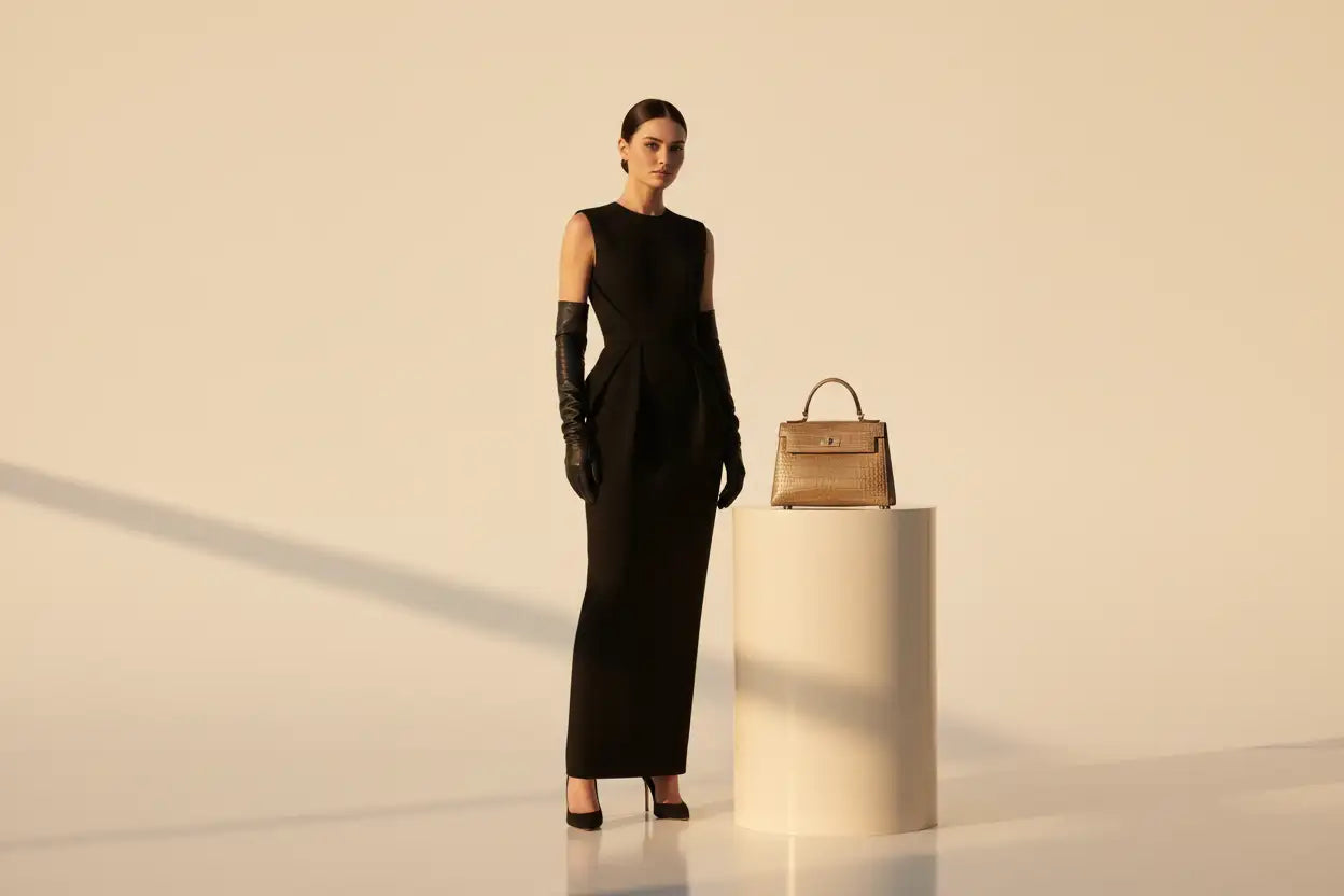 Sac à main en cuir effet crocodile doré, avec anse supérieure et fermeture à loquet à l’avant.
