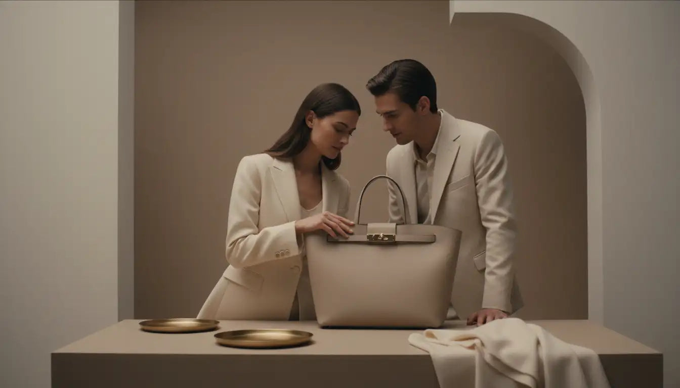 Sac fourre-tout en cuir beige au design minimaliste et à la quincaillerie ton or.