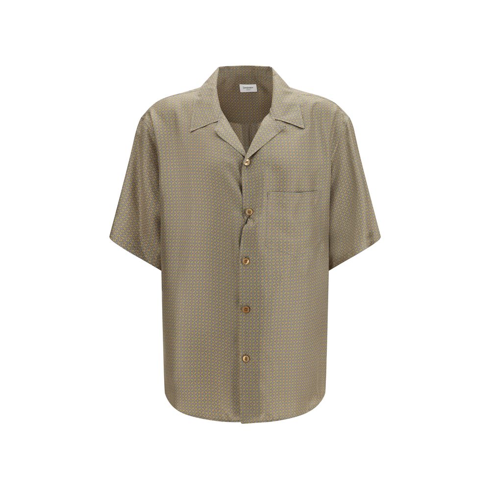 Chemise Saint Laurent en soie multicolore avec motif élégant, boutons visibles et coupe sophistiquée, pour un style chic et moderne.