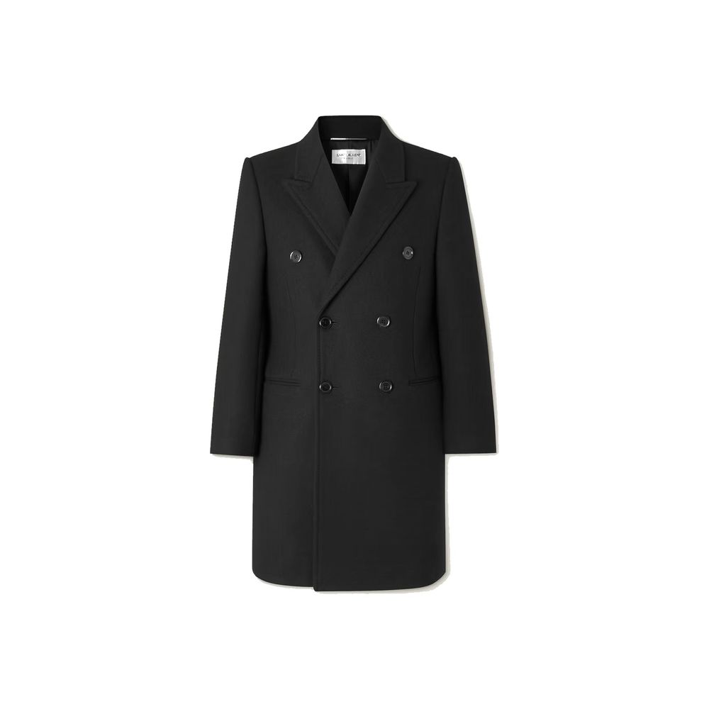 Manteau en laine noire Saint Laurent pour homme, coupe élégante, porté sur un mannequin.
