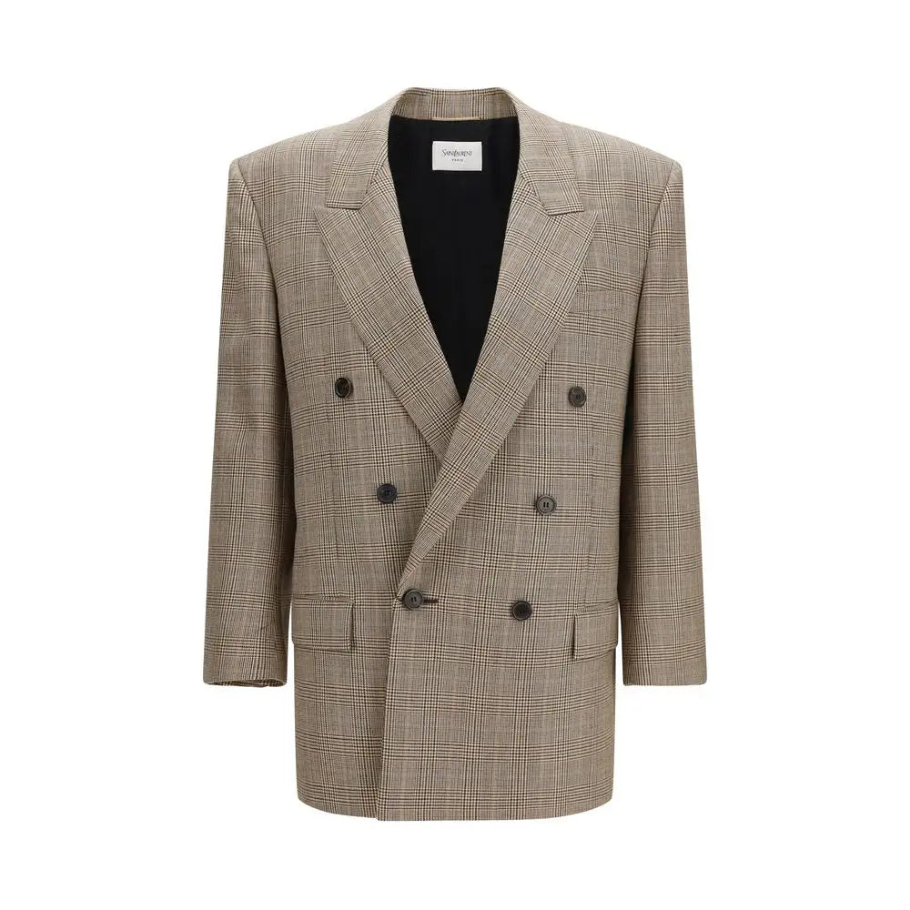 Blazer beige en laine saint laurent à carreaux noirs avec double boutonnage et boutons foncés