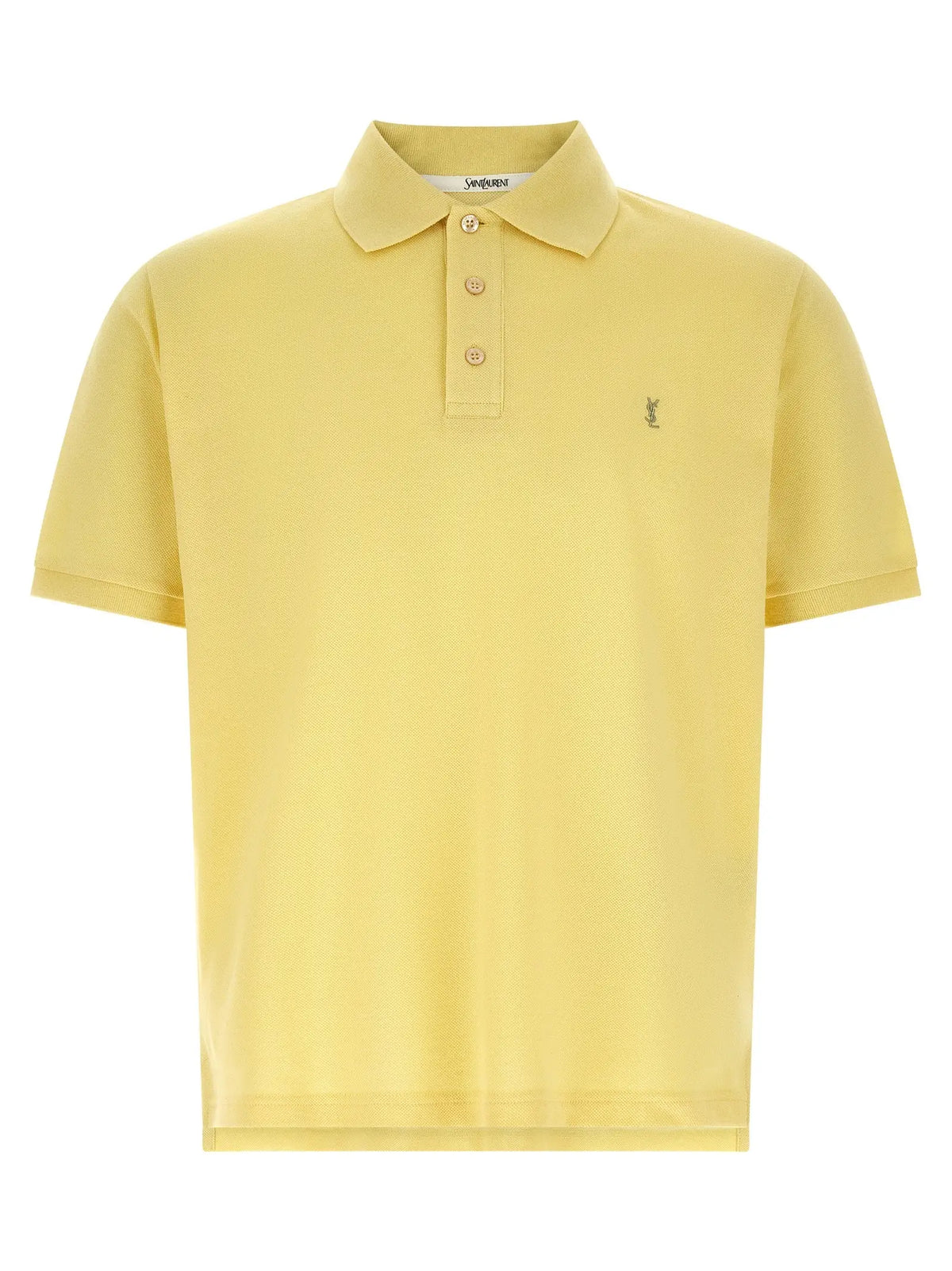 Saint laurent polo bicolore en coton jaune pâle à manches courtes avec col classique et broderie discrète poitrine