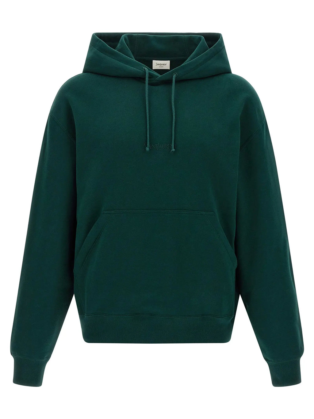 Sweatshirt saint laurent bicolor en coton vert foncé avec capuche, logo brodé subtil et cordons assortis