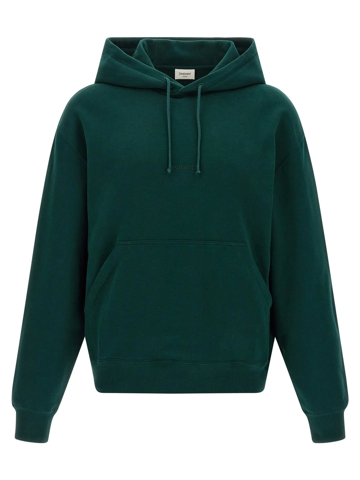Sweatshirt saint laurent bicolor en coton vert foncé avec capuche, logo brodé subtil et cordons assortis