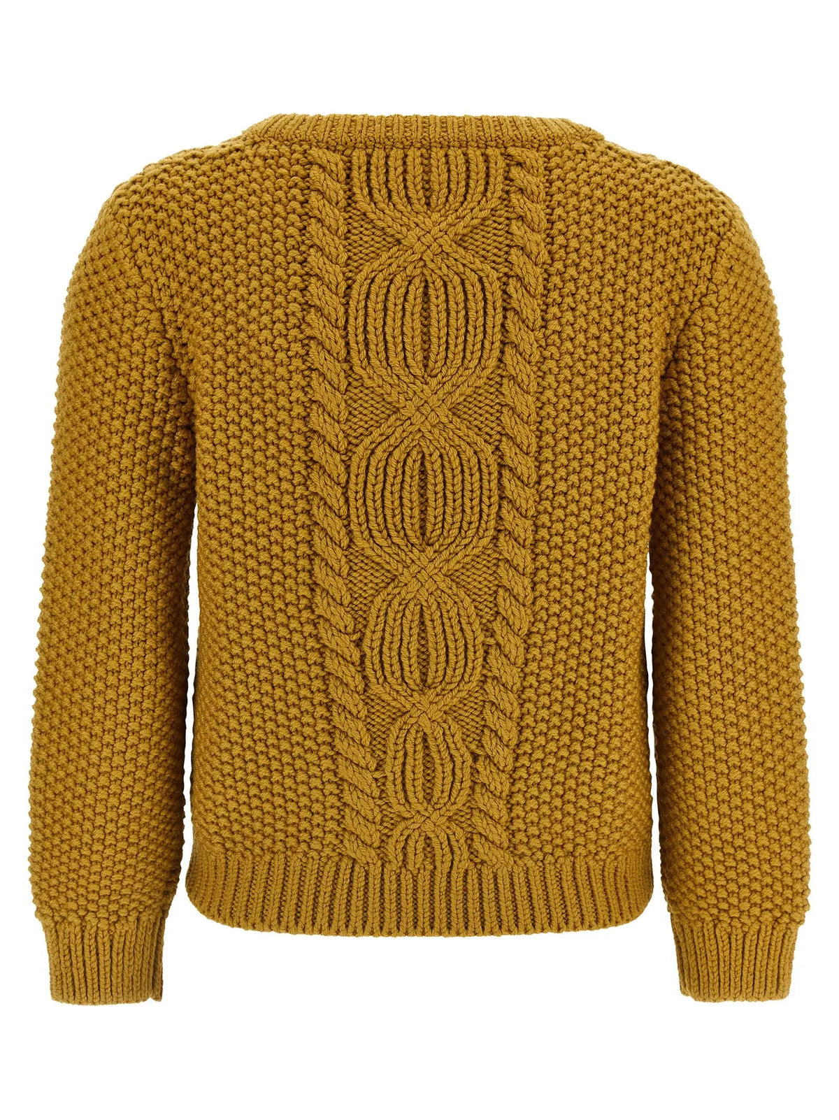 Cardigan en laine bicolore saint laurent jaune moutarde avec motif torsadé visible sur le dos