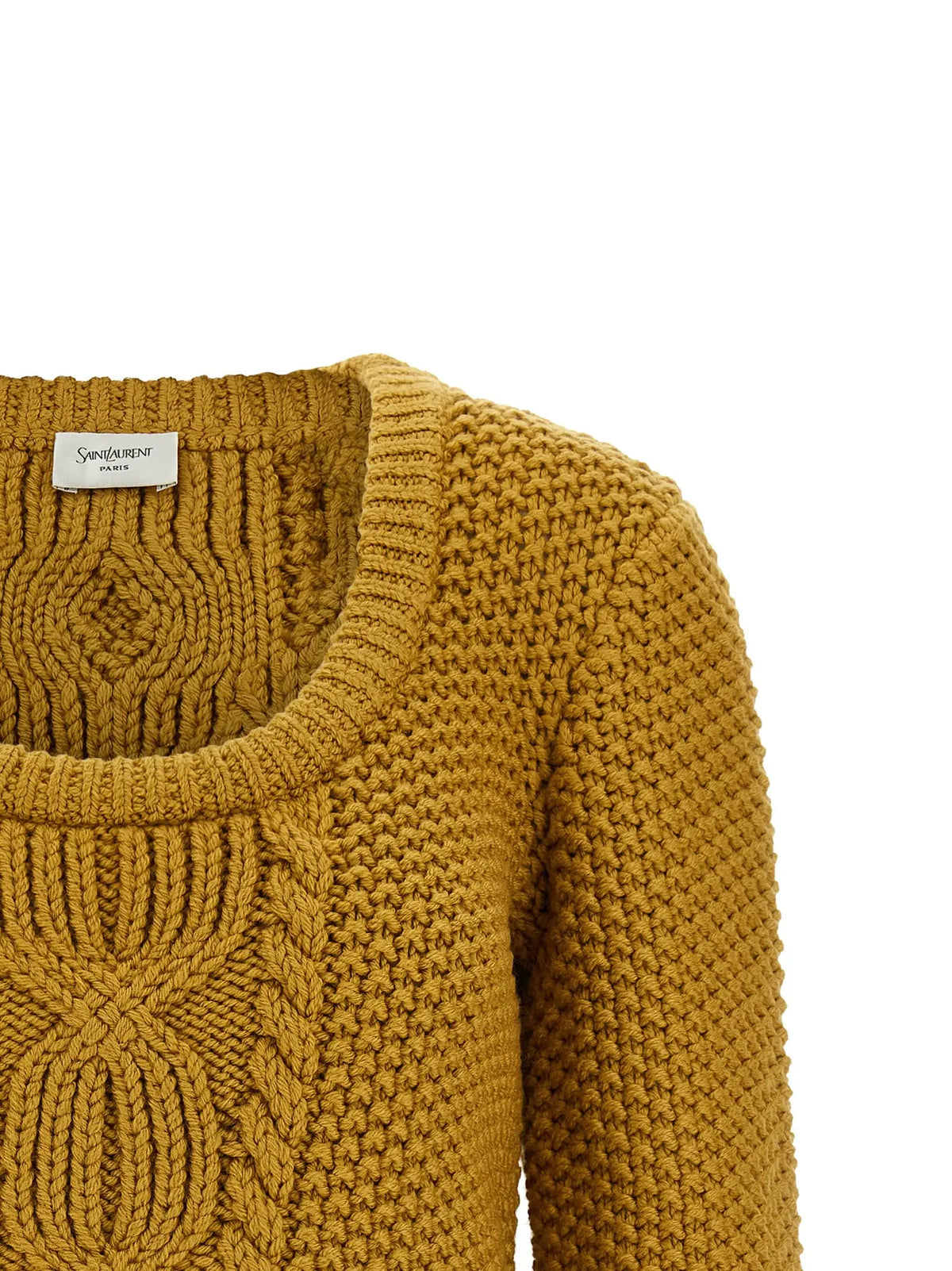 Cardigan en laine bicolore saint laurent jaune moutarde avec motif torsadé et col côtelé visible de face