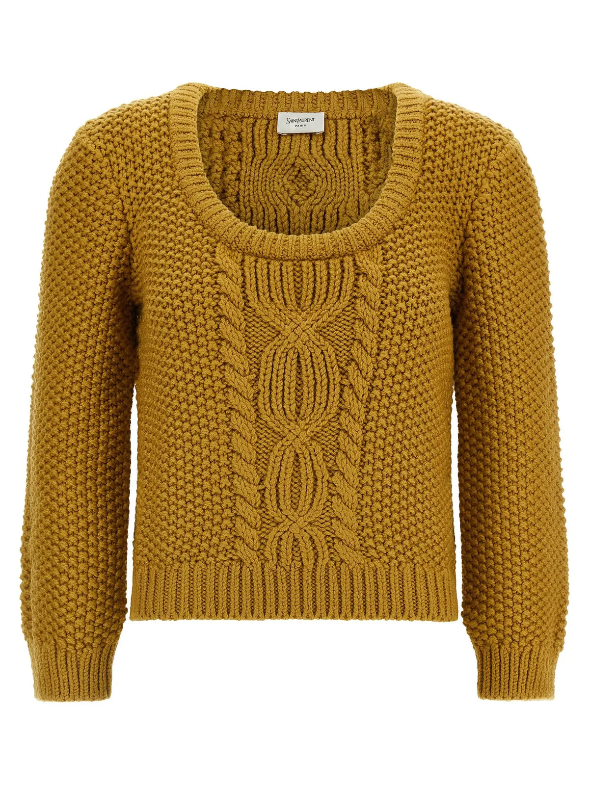 Cardigan bicolore en laine saint laurent jaune moutarde avec col et poignets côtelés en maille torsadée