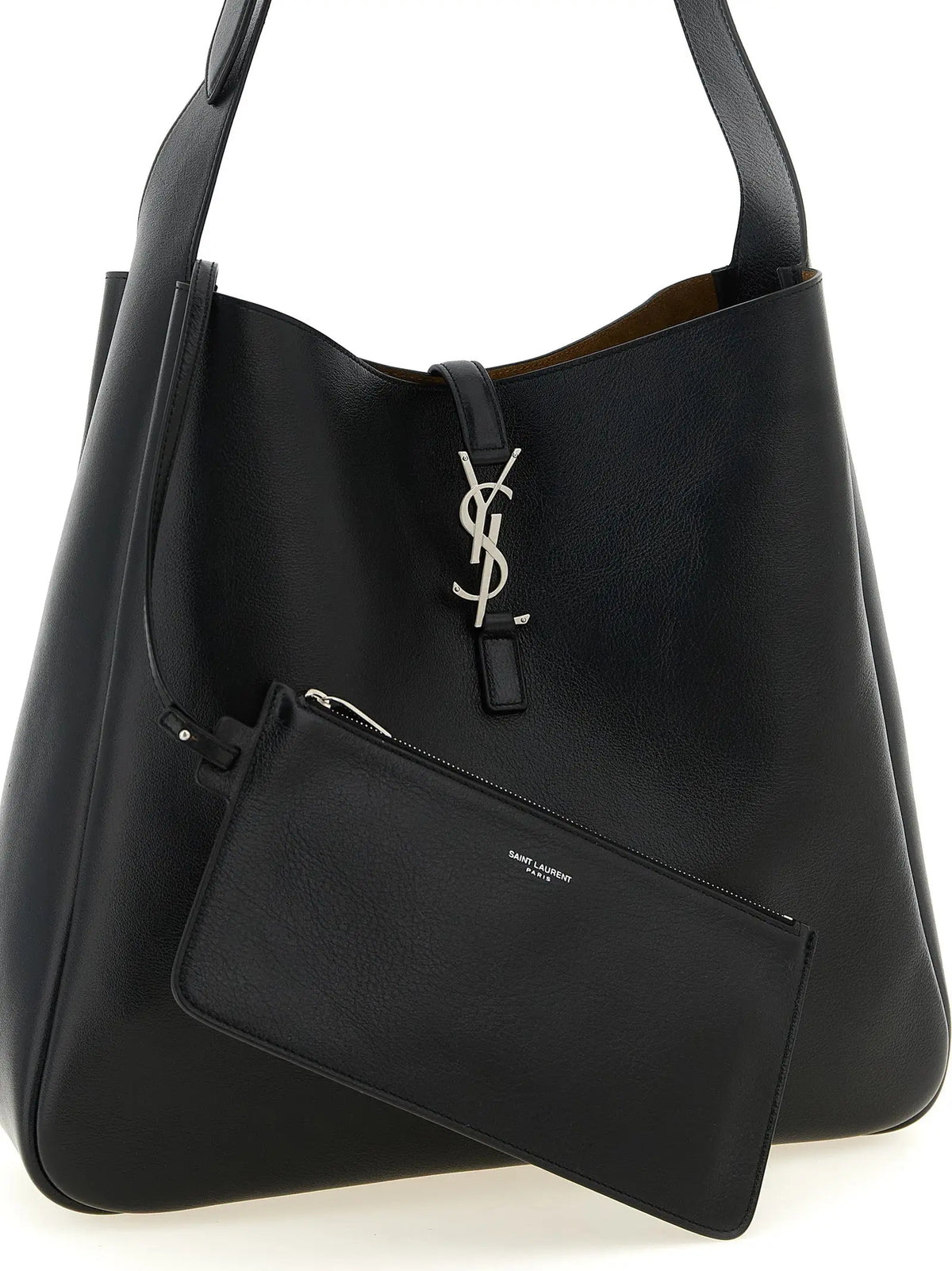 Sac bandoulière saint laurent noir en cuir agneau avec logo ysl argent et portefeuille assorti noir