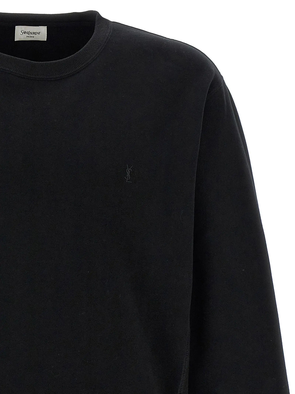 Sweatshirt saint laurent noir en coton avec logo brodé discret sur la poitrine et étiquette de marque à lencolure