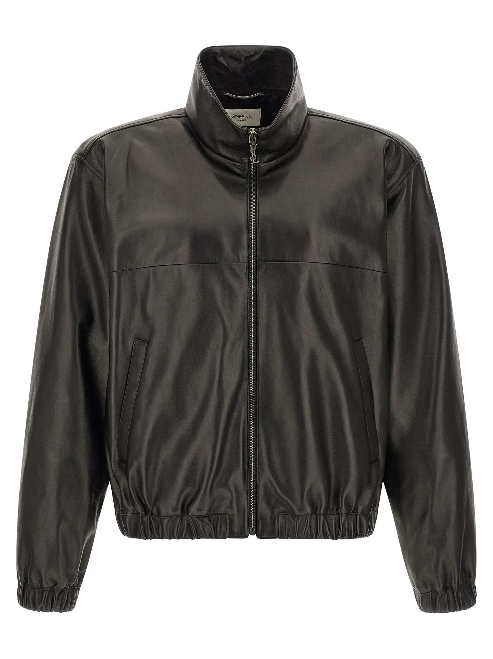 Blouson aviateur saint laurent en cuir dagneau noir mat avec poignets et ourlet côtelés