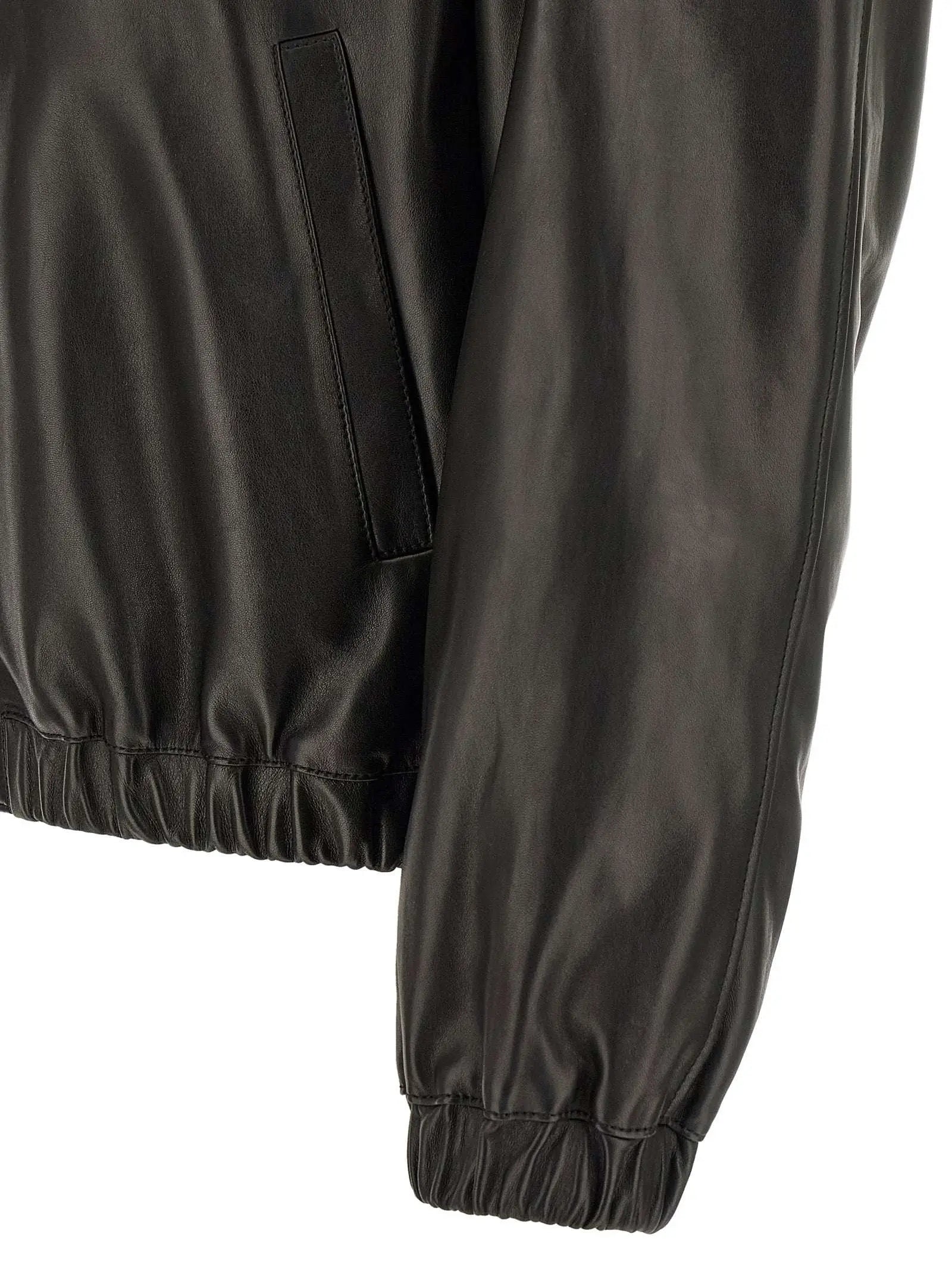 Veste bomber saint laurent noire en cuir d agneau avec poches inclinées et poignets élastiques