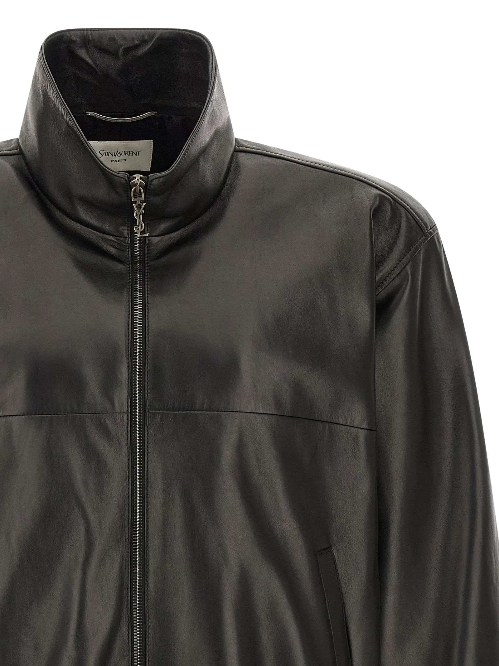 Veste en cuir dagnon noir saint laurent avec col montant et fermeture éclair argentée
