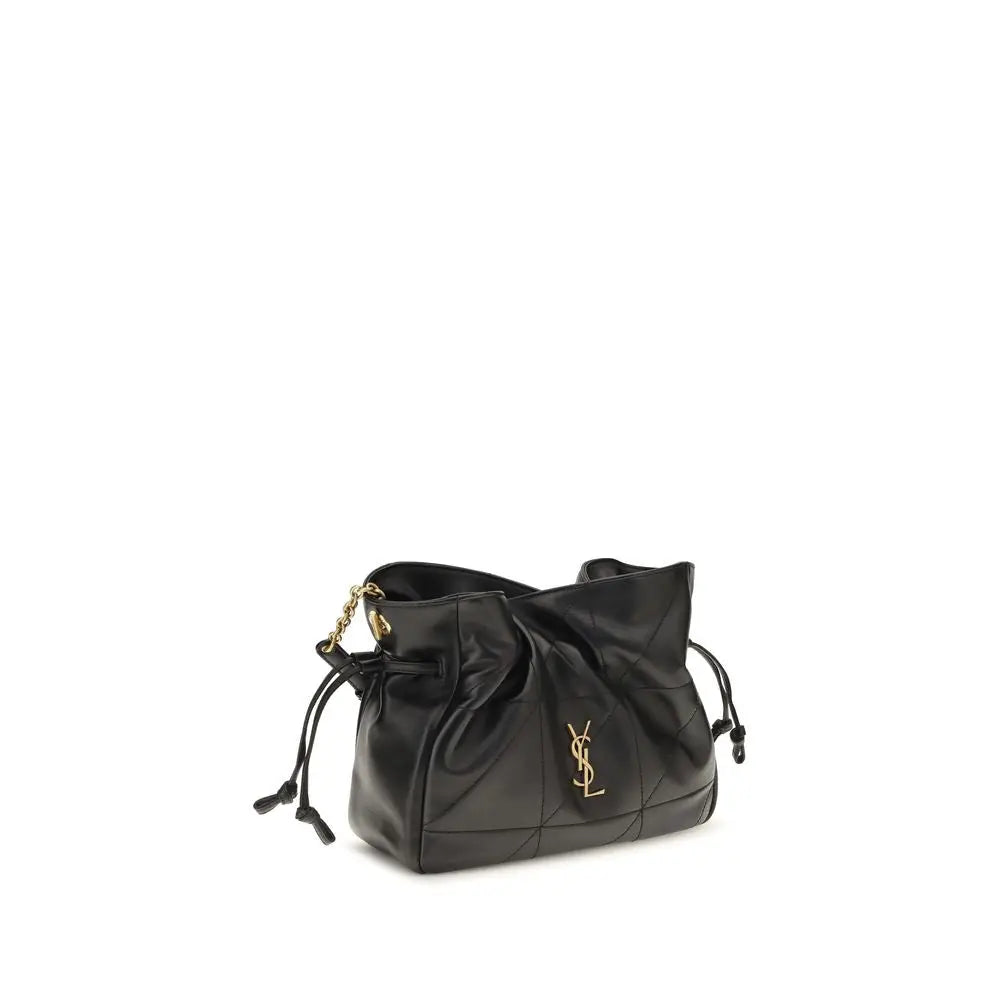 Sac pochette saint laurent noir en cuir agneau ovis aries matelassé avec logo doré et fermeture à cordon
