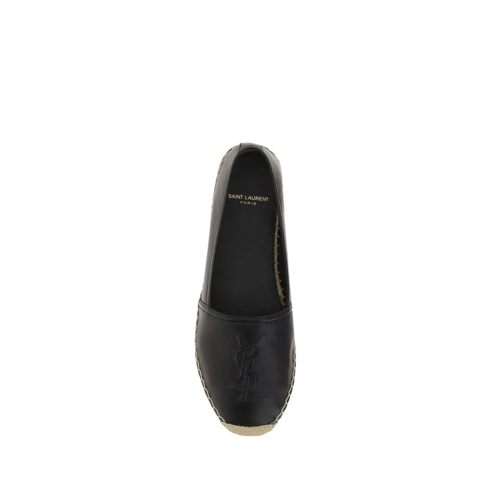 Saint laurent black lamb ovis aries espadrilles en cuir noir avec semelle en jute tressée et logo ysl embossé