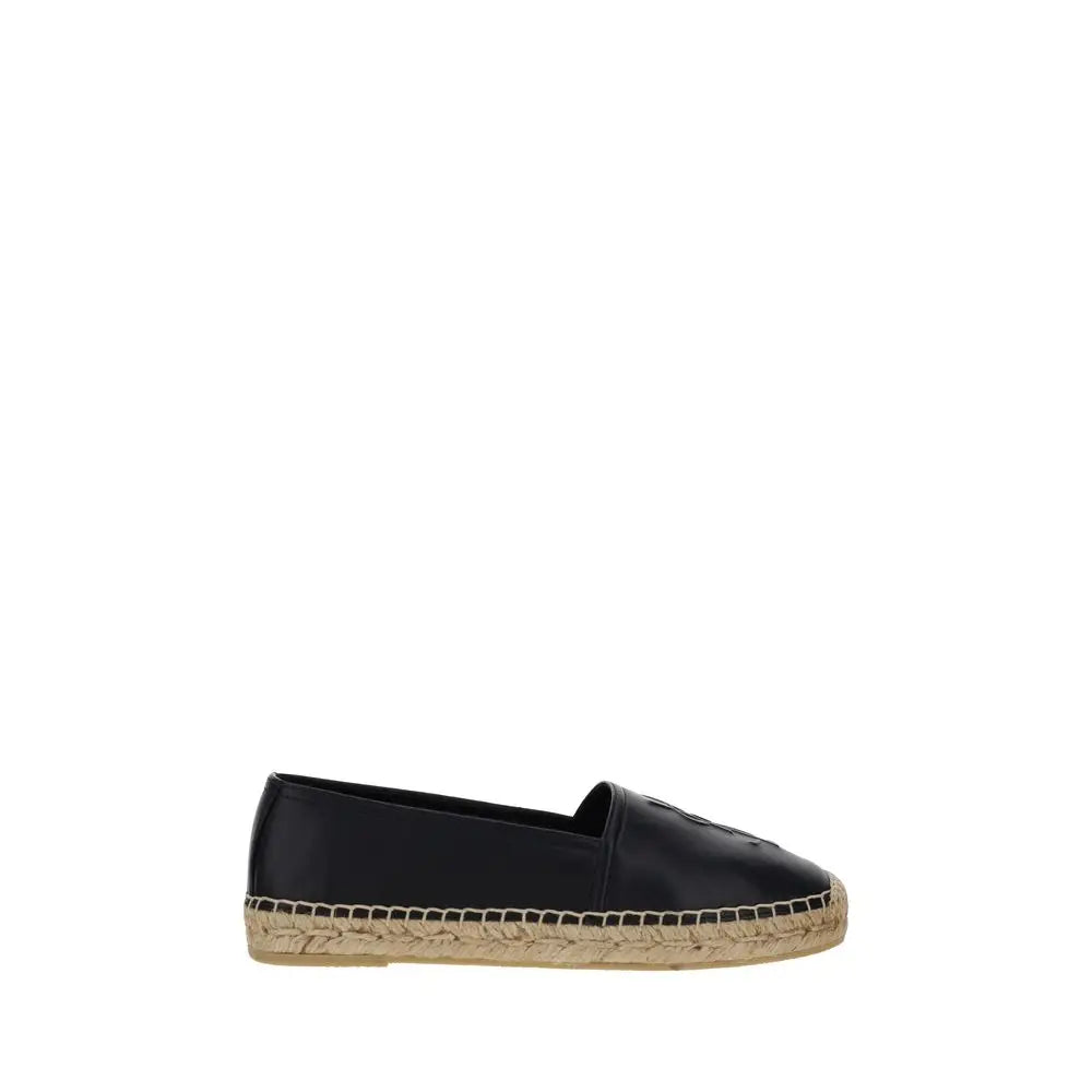 Espadrilles saint laurent black lamb ovis aries en cuir noir avec semelle tressée en jute naturelles