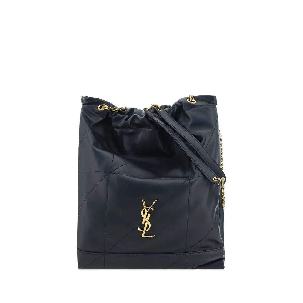 Sac seau saint laurent noir en cuir matelassé avec ferrures dorées et chaîne épaule en agneau ovis aries
