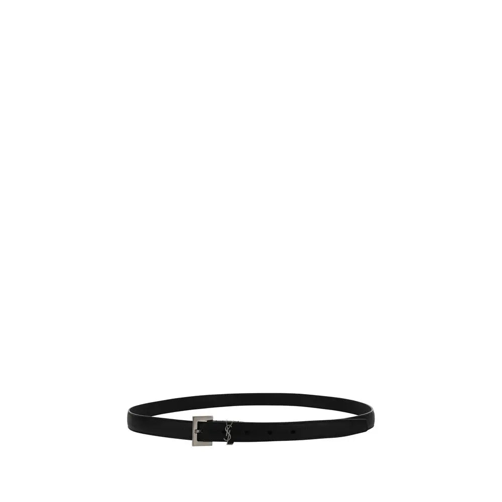 Ceinture fine saint laurent noire en cuir de agneau avec boucle argentée et logo ysl