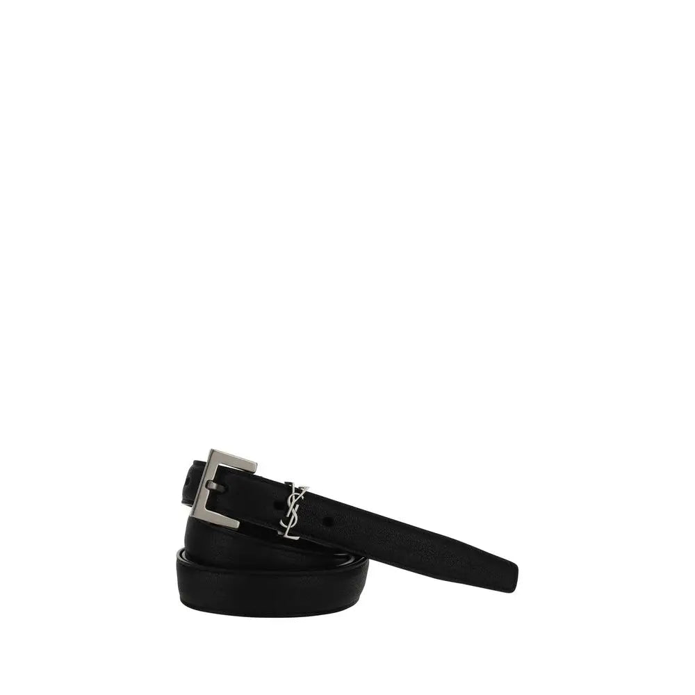 Ceinture fine saint laurent noire en cuir dagneau avec boucle argentée et logo ysl