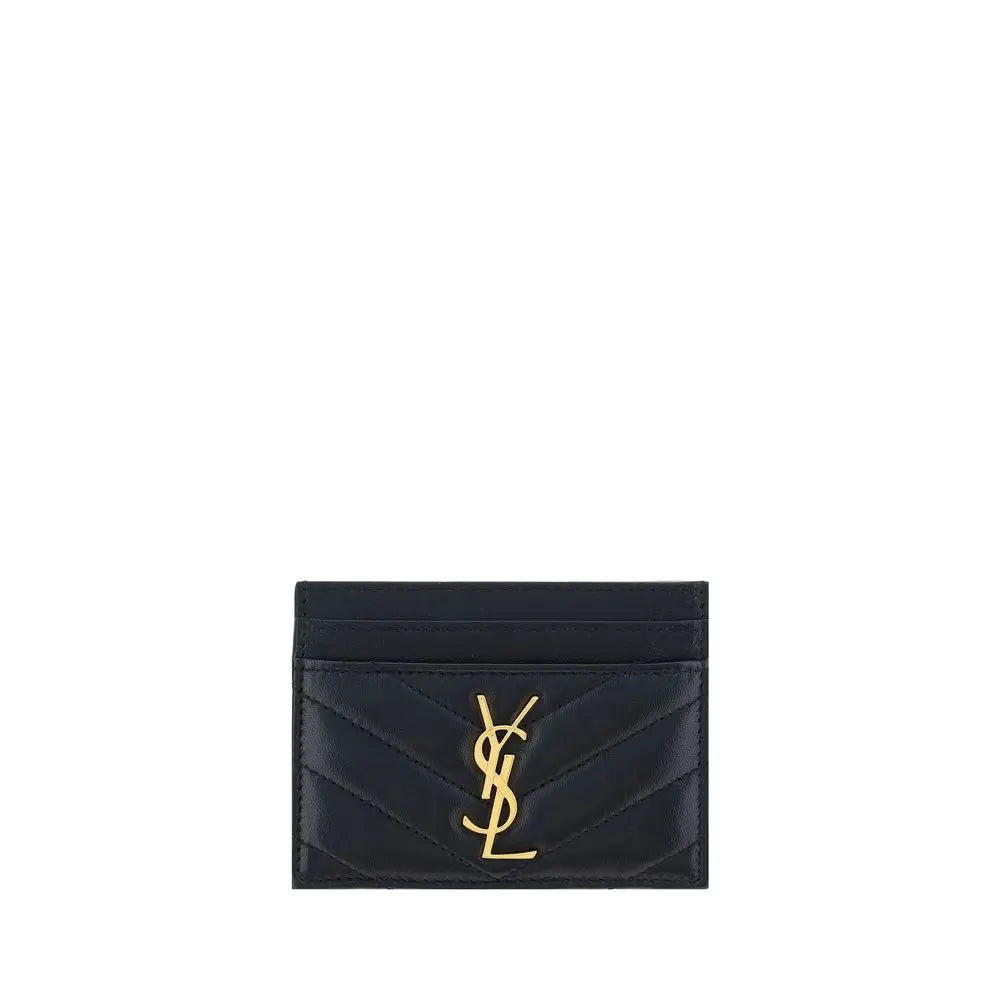 Porte-cartes saint laurent noir en cuir matelassé avec logo ysl doré modèle lamb ovis aries