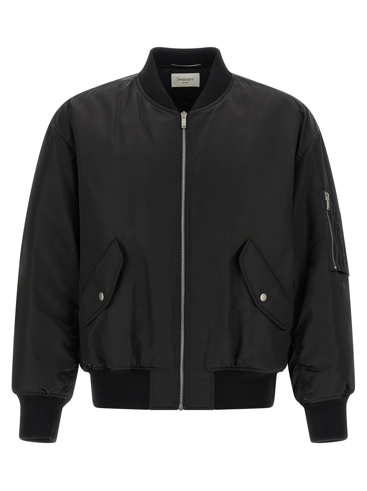 Veste bomber saint laurent noire en polyamide avec finition mate et fermetures éclair argentées élégantes