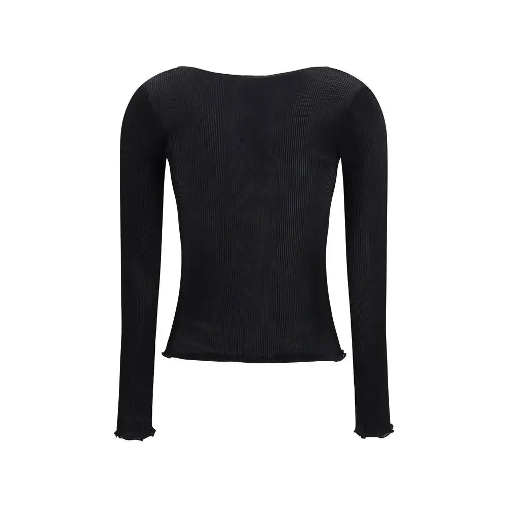 Saint laurent black silk blouse featuring a black ribbed long-sleeve top with boat neckline and frayed cuffs