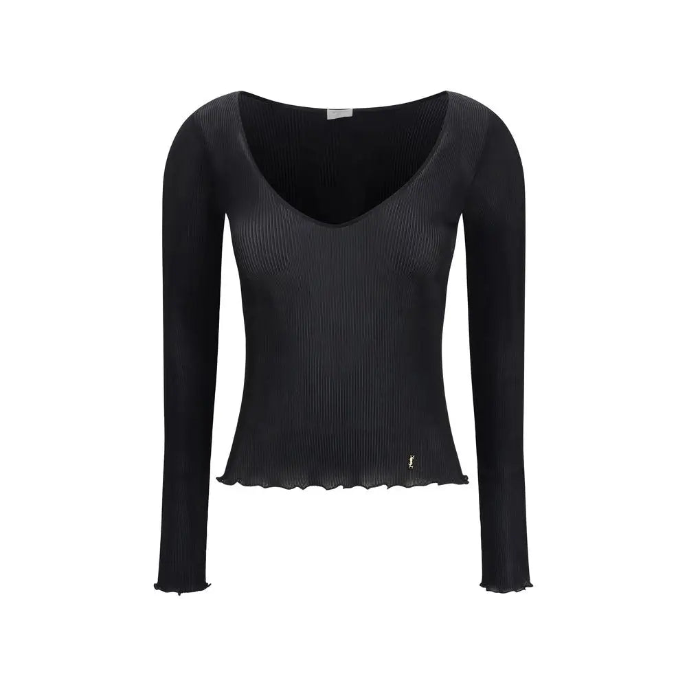 Saint laurent blouse noire en soie avec manches longues côtelées col en v et ourlet festonné