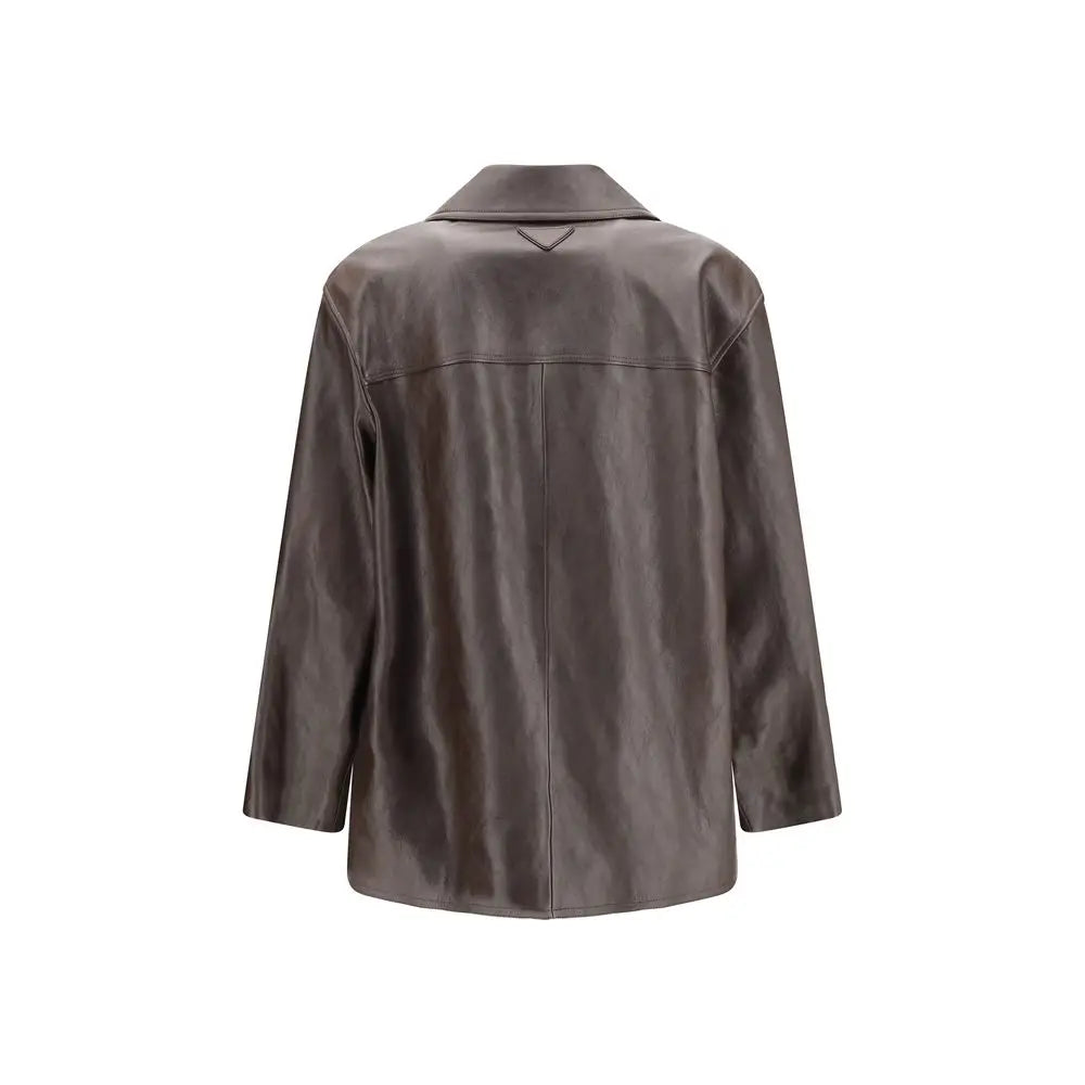 Veste en cuir noir saint laurent avec logo triangulaire au col et finition mate gris foncé