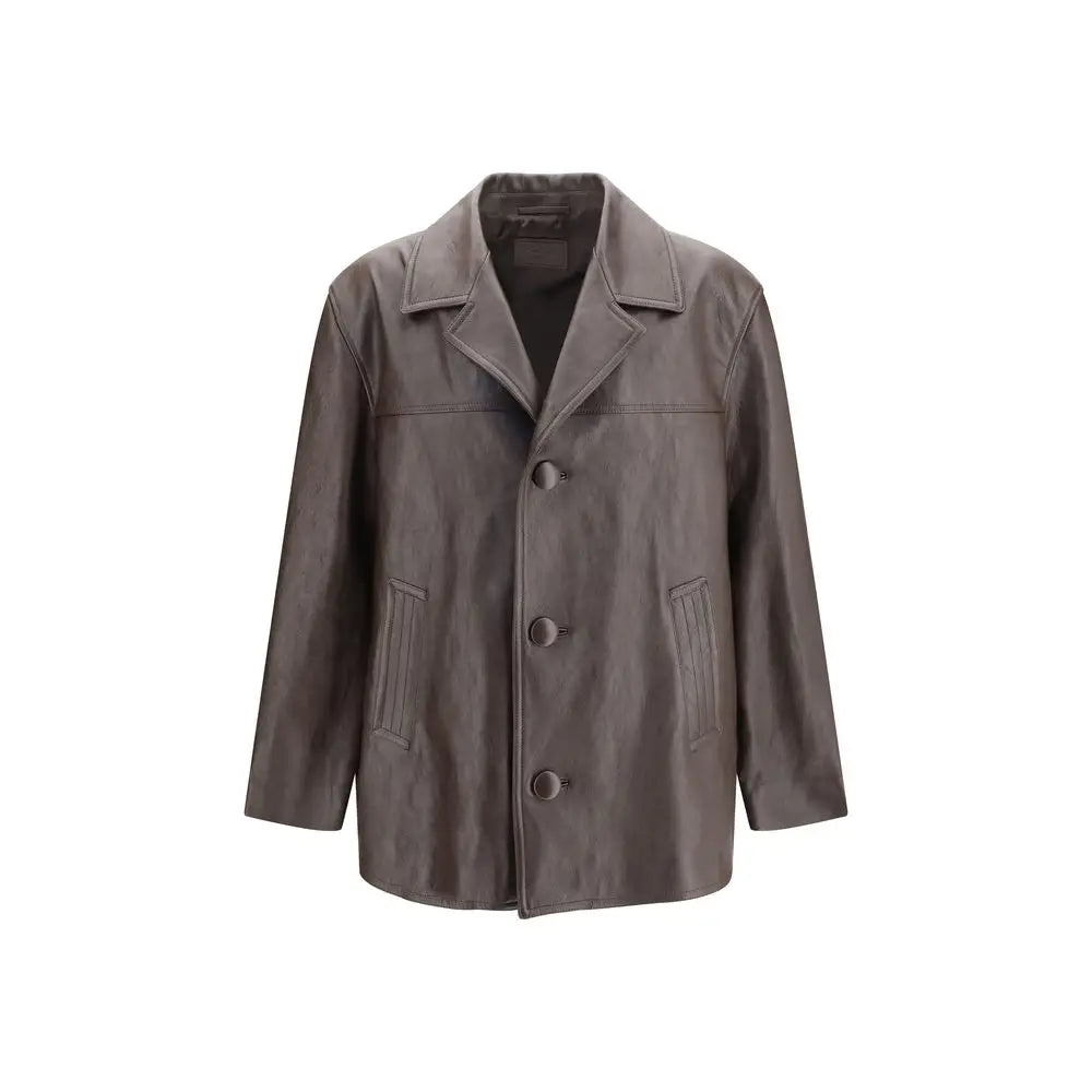 Saint laurent black wool oves aries leather jacket en cuir gris foncé avec col classique et trois boutons assortis