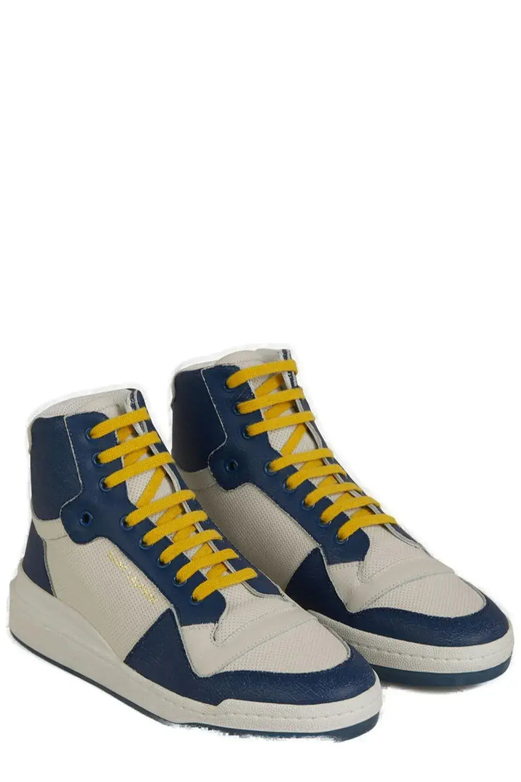 Baskets mi-hautes saint laurent en cuir de veau bleu marine et écru avec lacets jaunes vifs