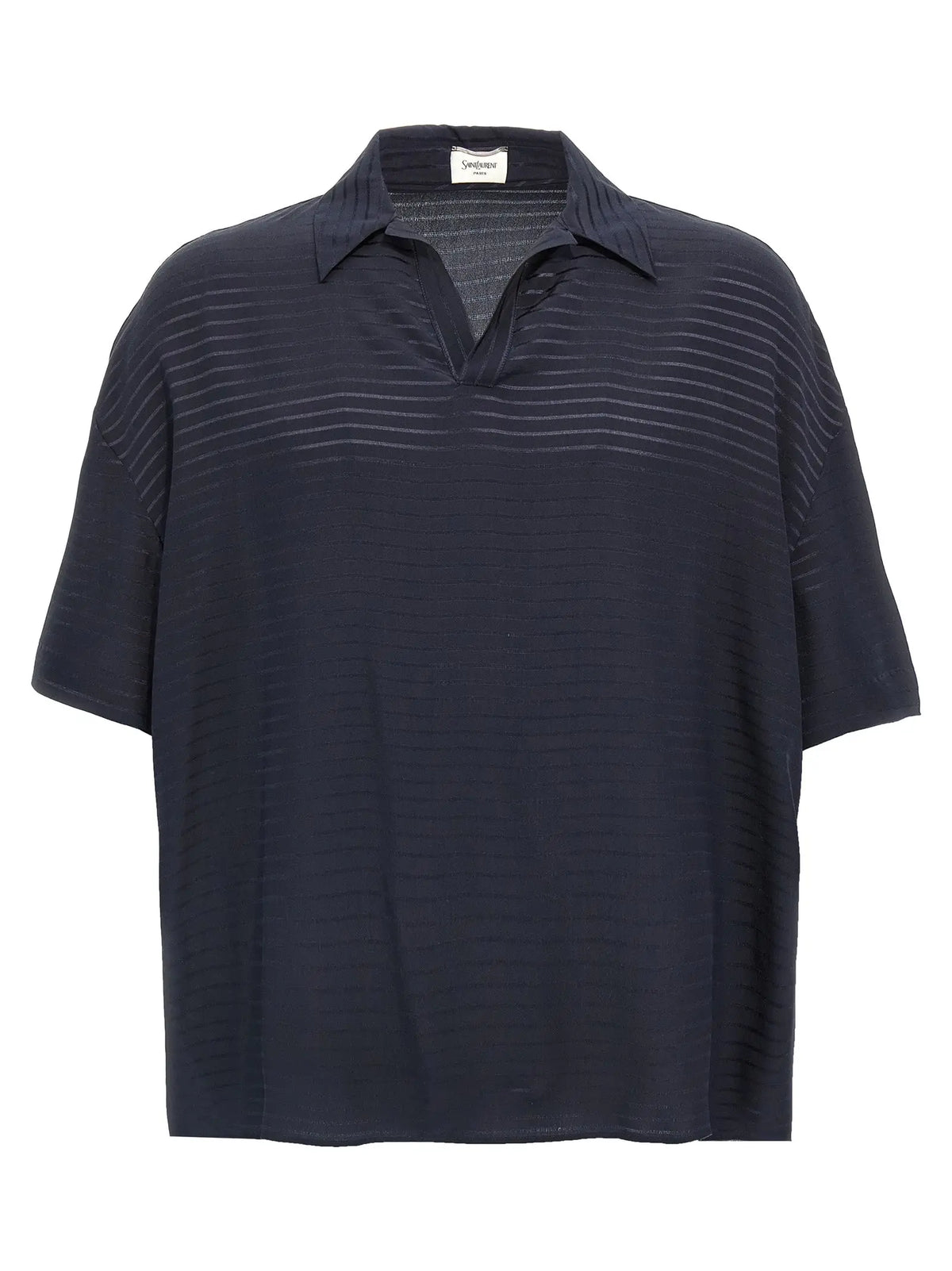 Saint laurent polo en soie bleu marine à manches courtes avec fines rayures horizontales et col classique