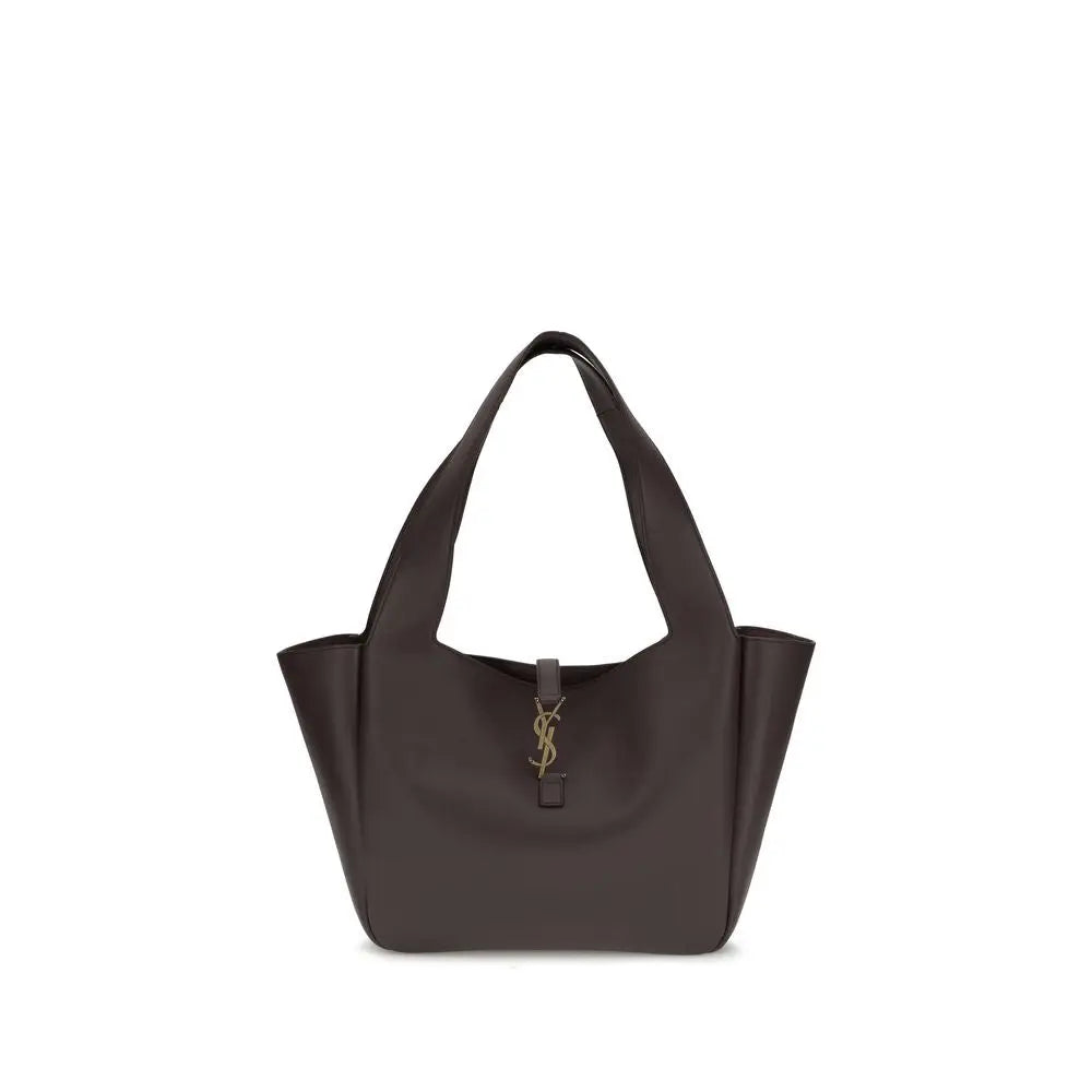 Sac fourre-tout saint laurent en cuir de veau marron foncé avec fermoir logo ysl doré