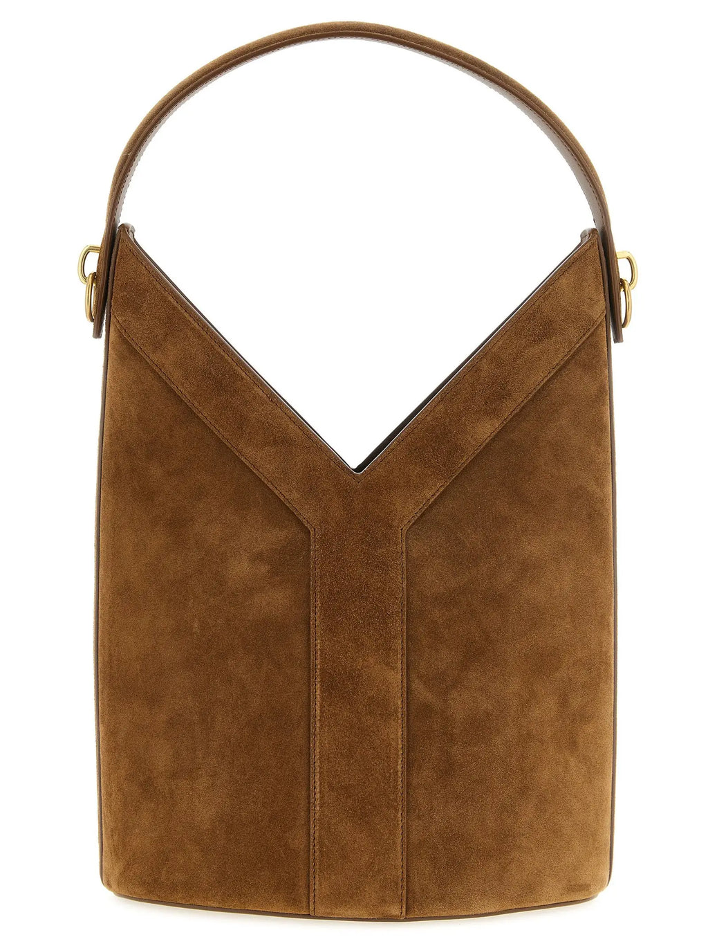 Sac seau saint laurent en cuir de veau marron avec détail en v et quincaillerie dorée en suède beige