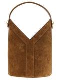 Sac seau saint laurent en cuir de veau marron avec détail en v et quincaillerie dorée en suède beige