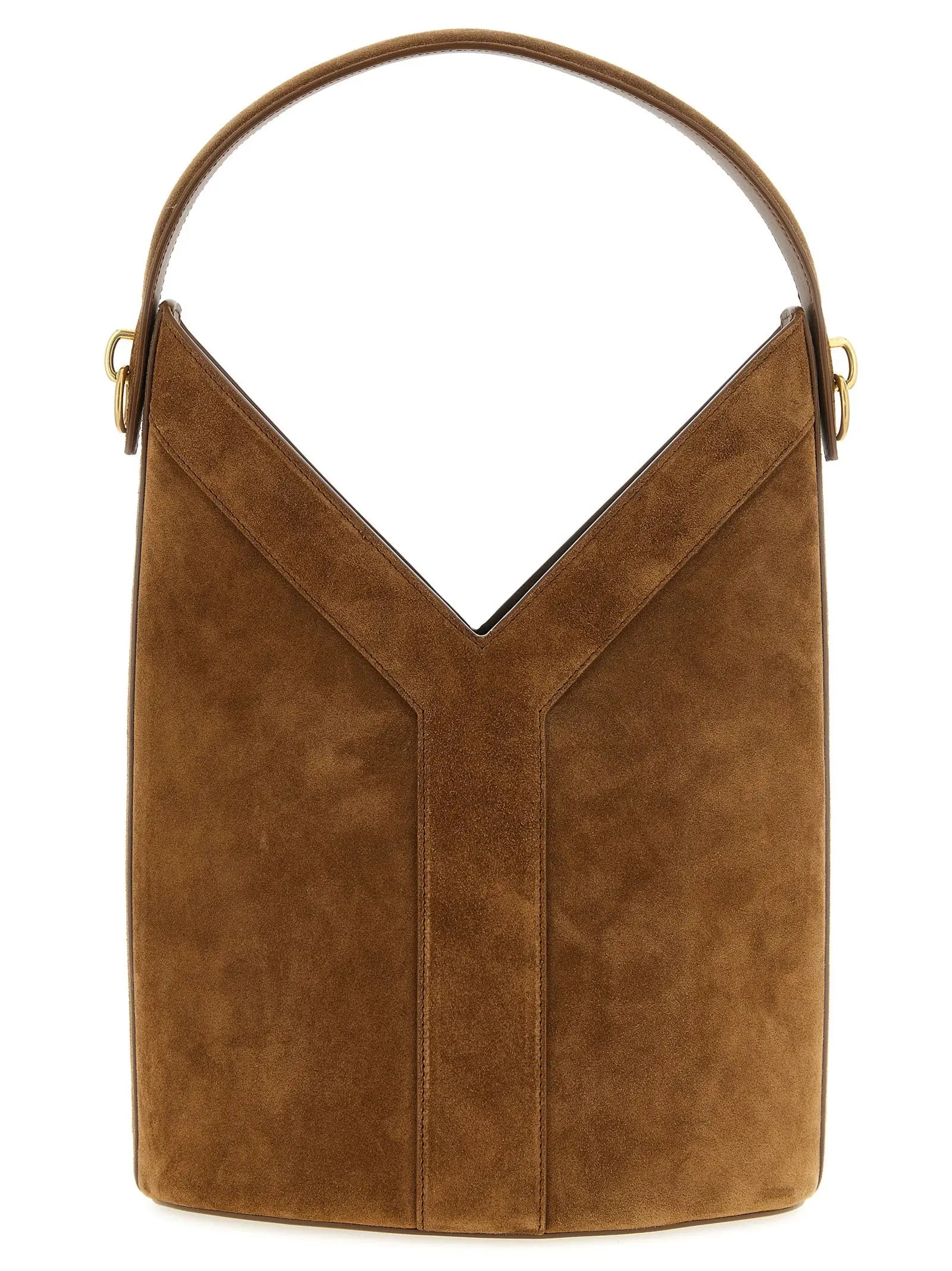 Sac seau saint laurent en cuir de veau marron avec détail en v et quincaillerie dorée en suède beige