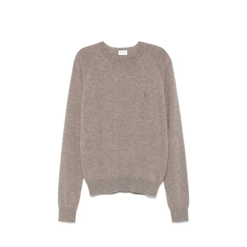 Saint laurent brown cashmere sweater with soft heathered taupe color classic crew neck and subtle logo on chest