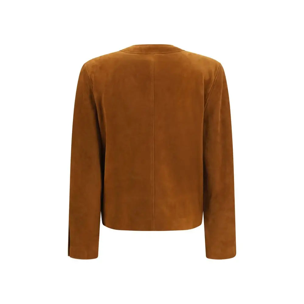 Saint Laurent brown lamb ovis aries full-length jacket en suède marron à manches longues et design minimaliste