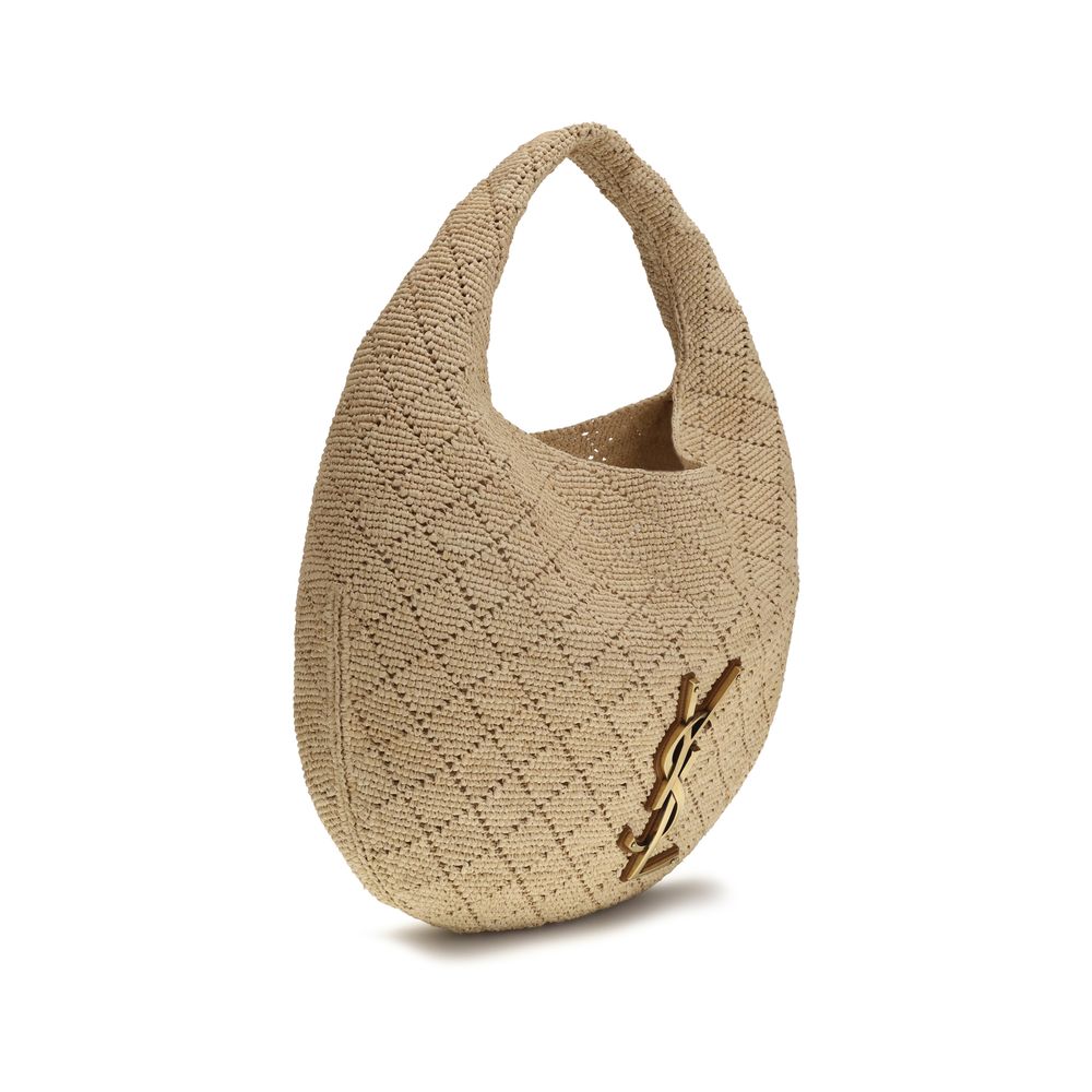 Sac à épaule en raffia beige Saint Laurent avec détails élégants et finition raffinée visible sur l'image.