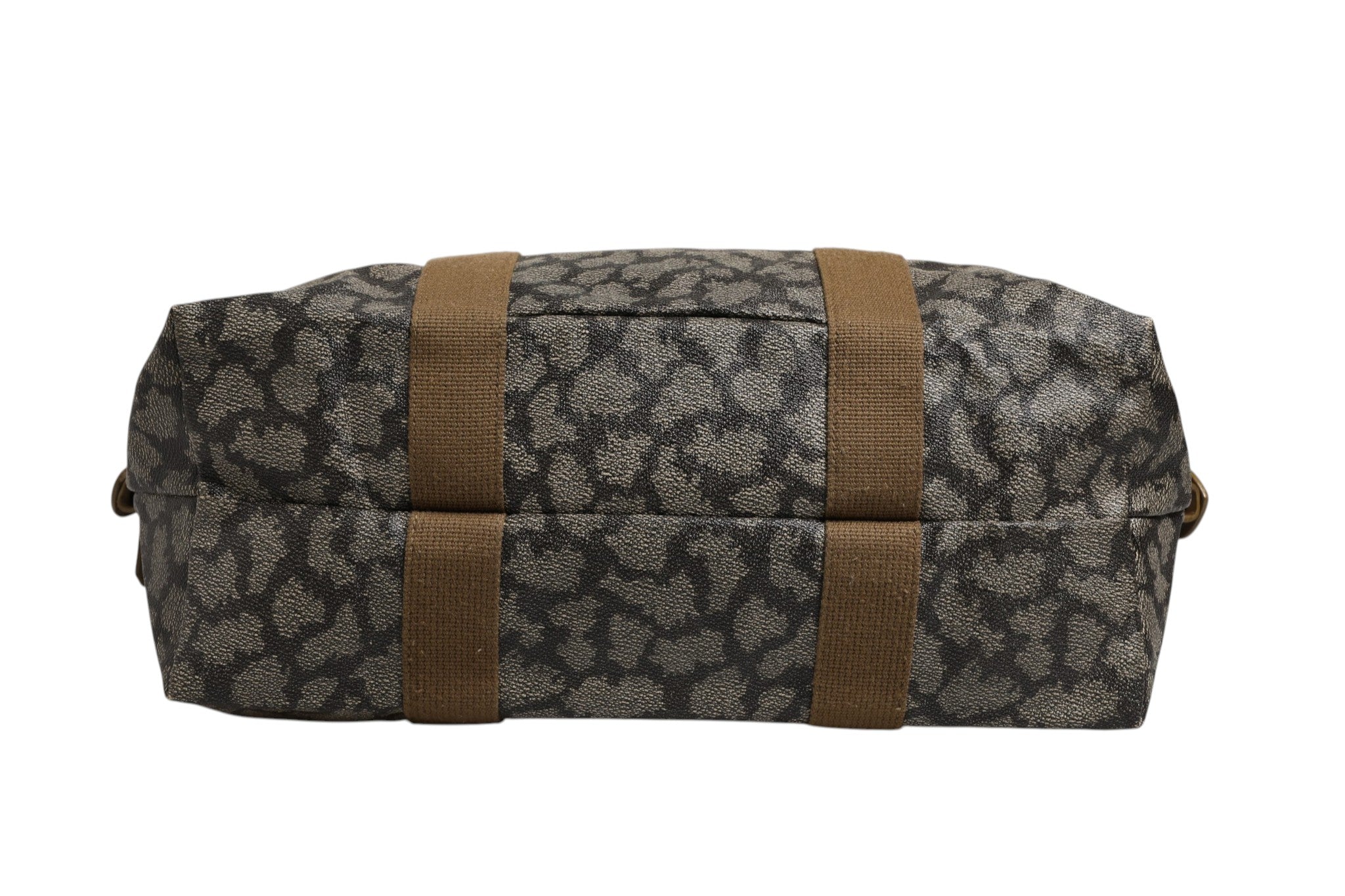 Sac de voyage en toile à motif vert et marron de Saint Laurent, léger et spacieux, avec poignées en cuir et fermeture zippée.