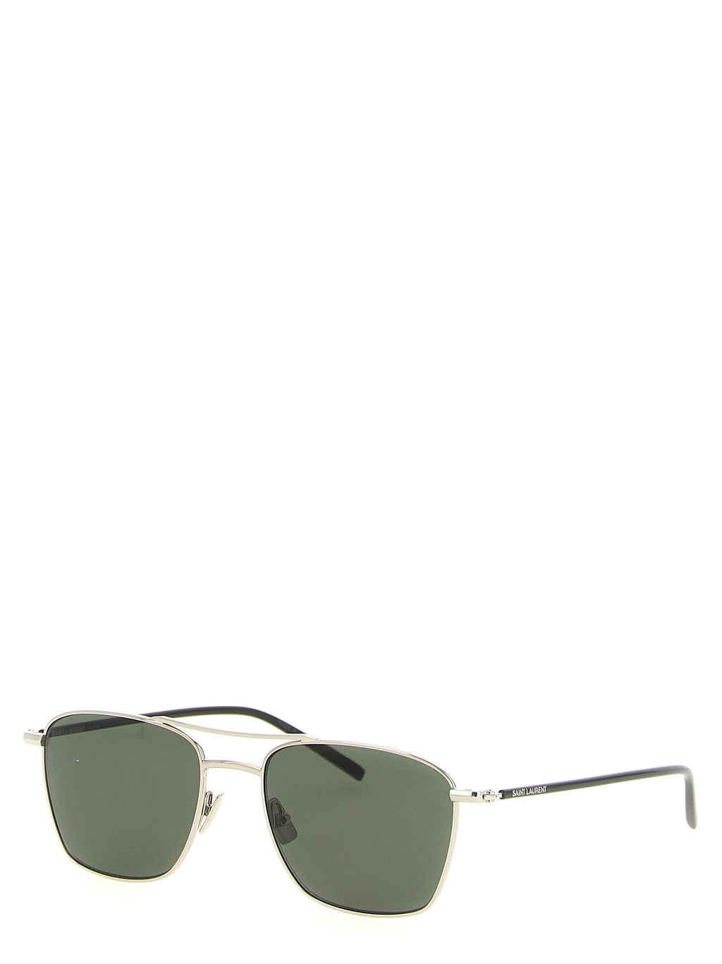 Lunettes de soleil en acétate argenté de Saint Laurent, avec monture élégante et design moderne, visibles sur l'image.