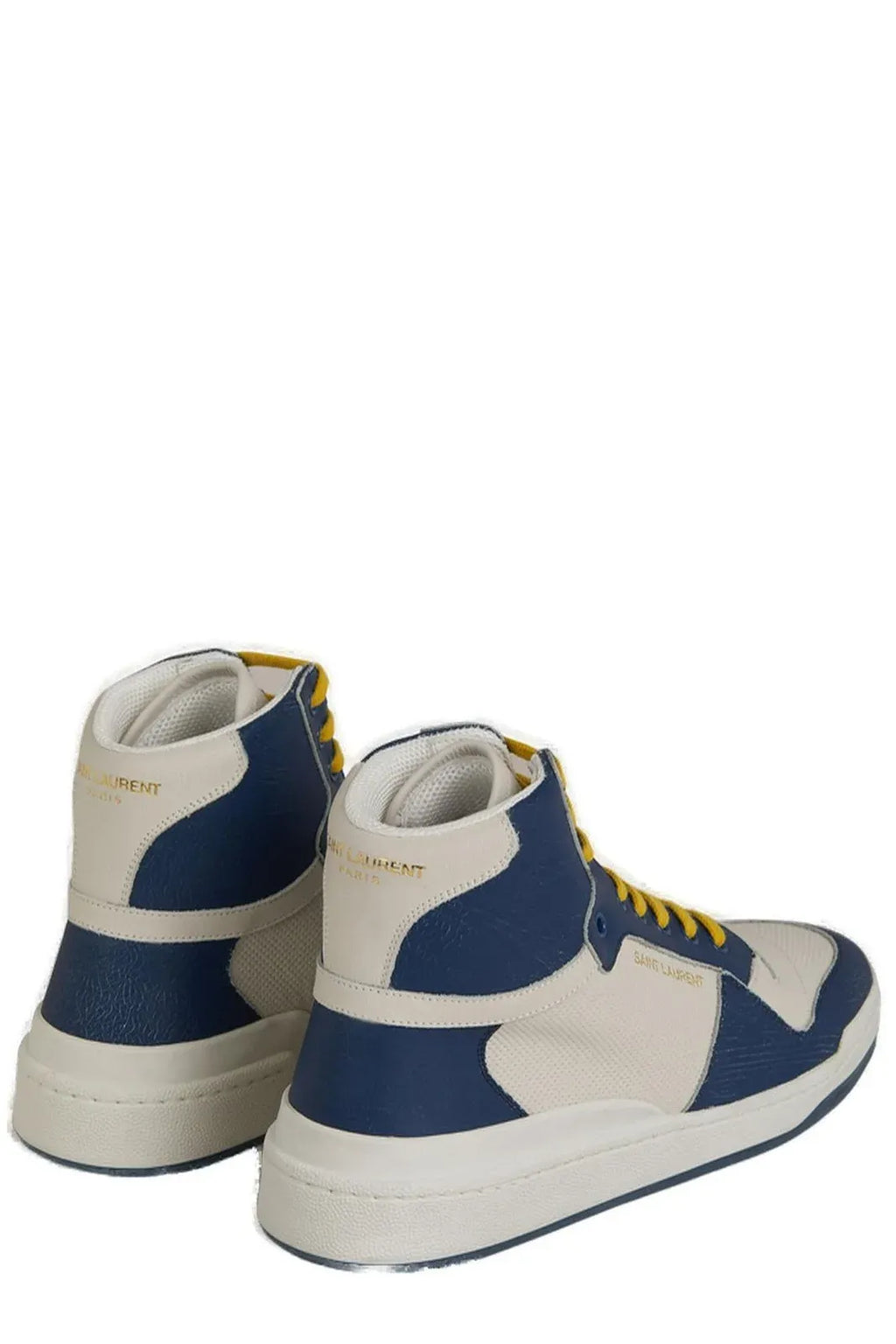Baskets Saint Laurent en cuir de veau bleu mi-hauteur, style sneakers avec lacets et semelle blanche.