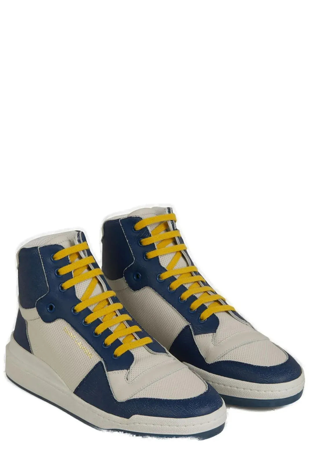 Chaussures sneakers Saint Laurent en cuir de veau bleu, mi-hauteur, avec lacets et design élégant pour homme.