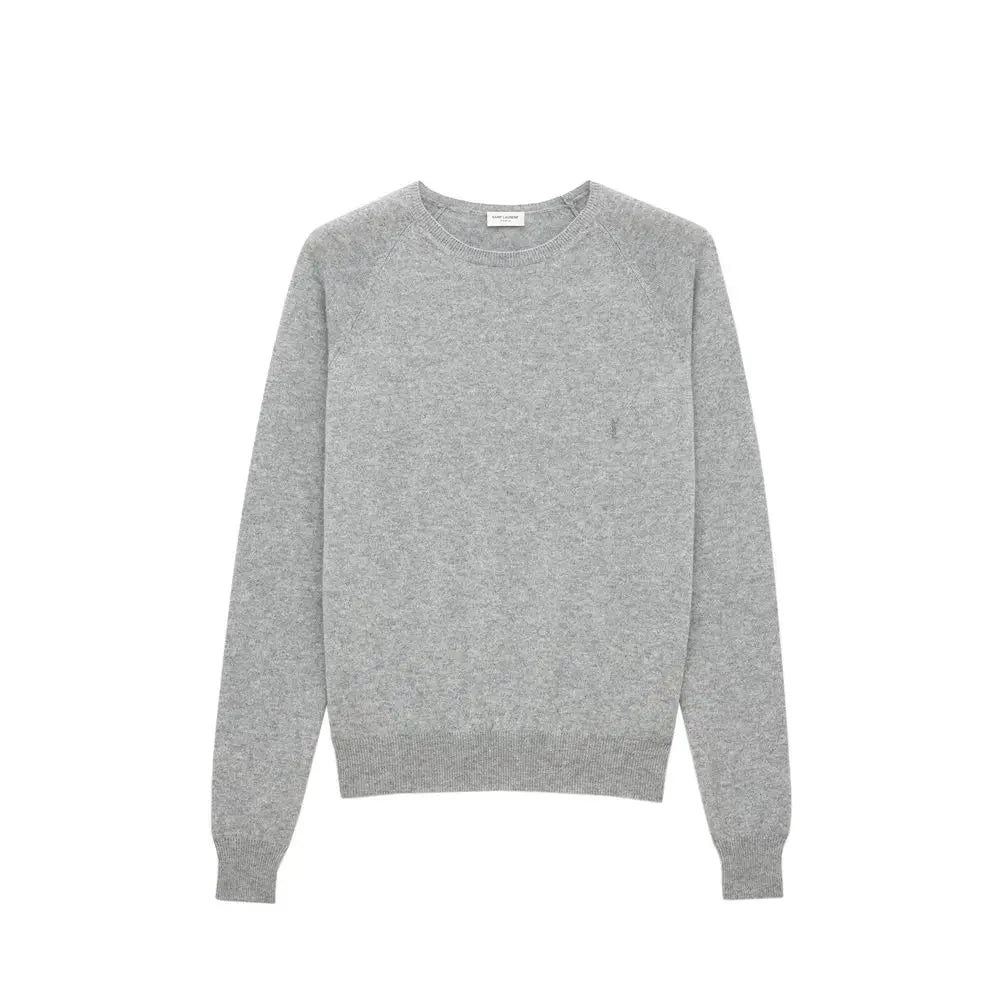 Pull col rond saint laurent gris en cachemire avec poignets et ourlet côtelés doux et chinés