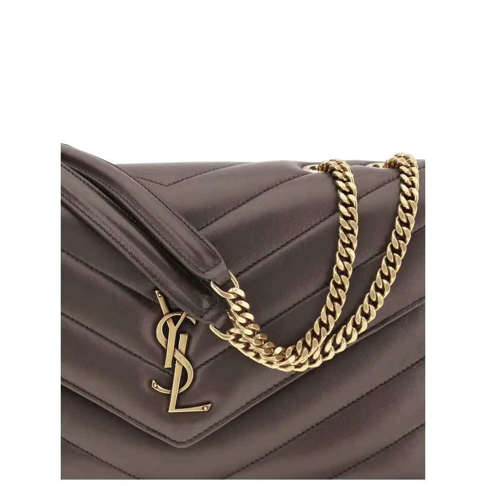 Sac bandoulière saint laurent gray en cuir dagneau marron foncé matelassé avec chaîne dorée et fermoir logo ysl